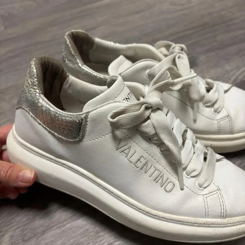 Valentino Fresia Snakeskin Embossed Trim Leather Platform Sneakers Size 8